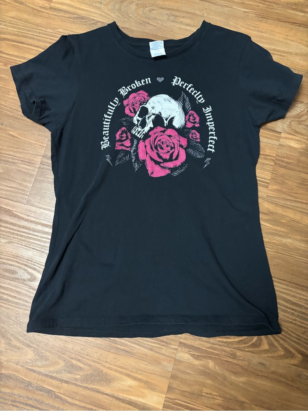 Black Graphic Tee with Pink Rose & Skull Motif